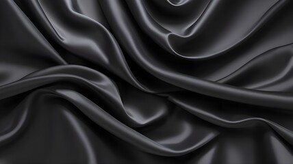 Black silk background, dark luxurious fabric draped texture folds in waves of flowing soft pattern