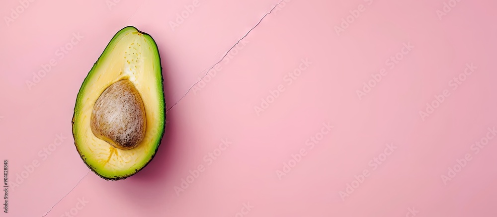 Aufkleber A halved and sliced avocado is displayed on a pink background illustrating a concept of nutritious fruits with copy space image