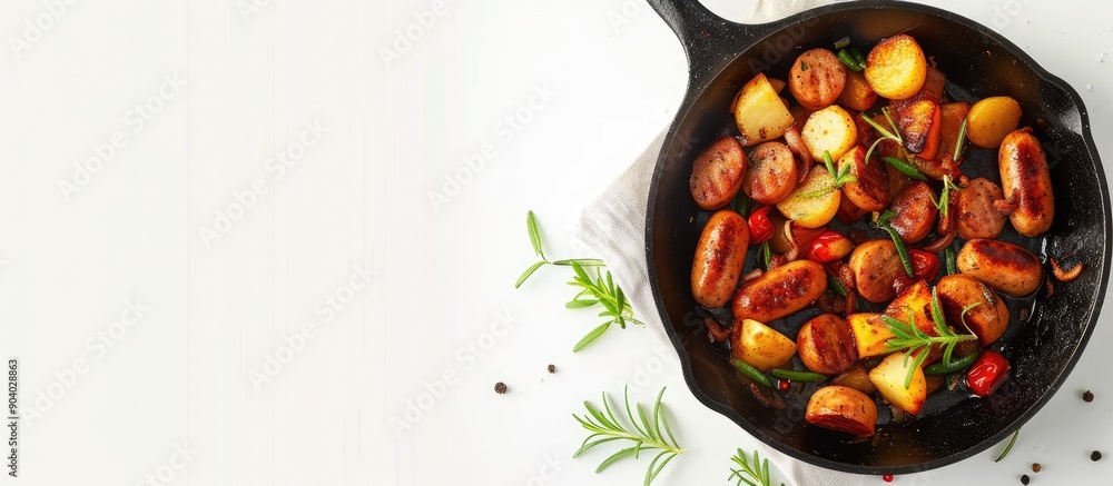 Poster a frying pan with cooked sausage and potatoes on a white background with copy space image