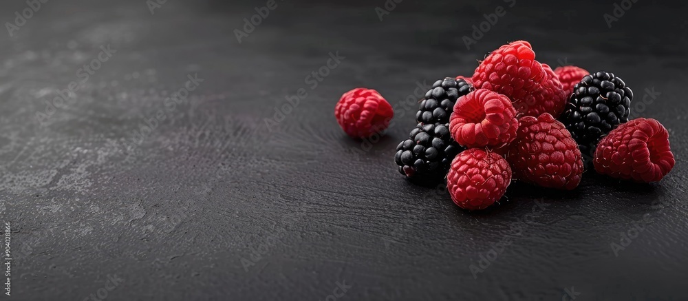 Poster Red and black raspberries displayed on a black backdrop with a clear area for text or design a copy space image