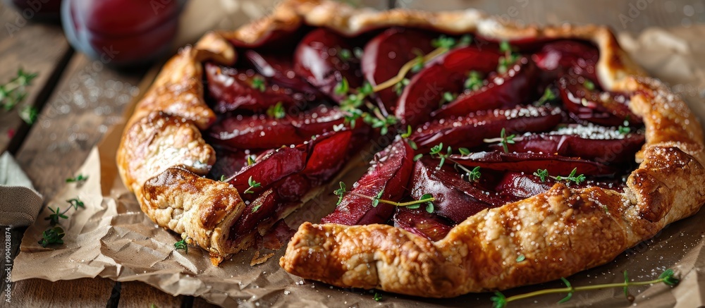 Poster Close up shot of a sliced homemade French plum galette dusted with thyme and sugar on a rustic wooden backdrop with a paper lining Ideal for a copy space image
