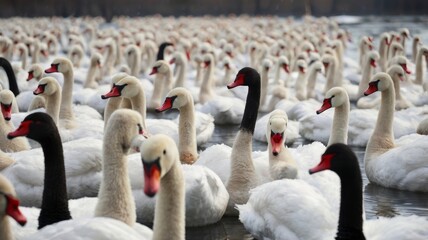Obraz premium A serene gathering of swans, featuring a striking contrast between white and black feathers in a tranquil water setting.