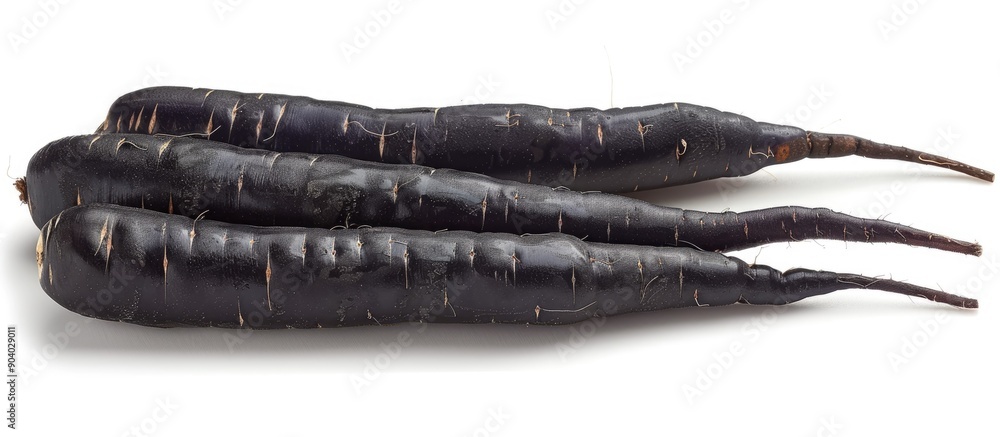 Poster Three black carrots displayed on a white background with copy space image