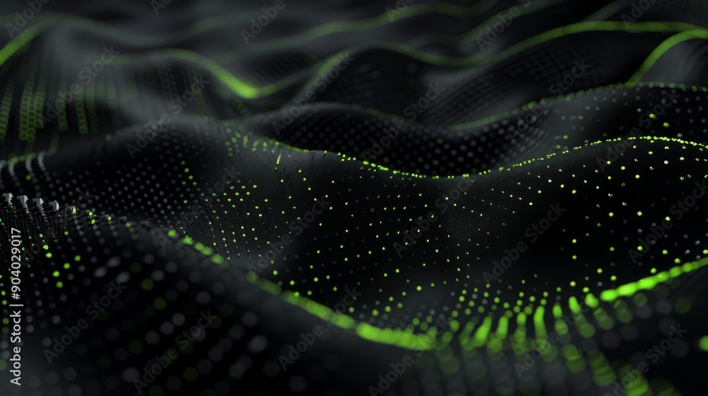 Poster the digital background features a futuristic design with black and green waves, glowing dots, and a 
