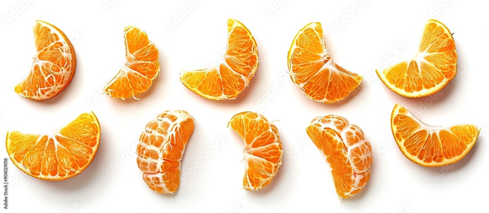 Poster Isolated tangerine slices on a white background with a clipping path for copy space image
