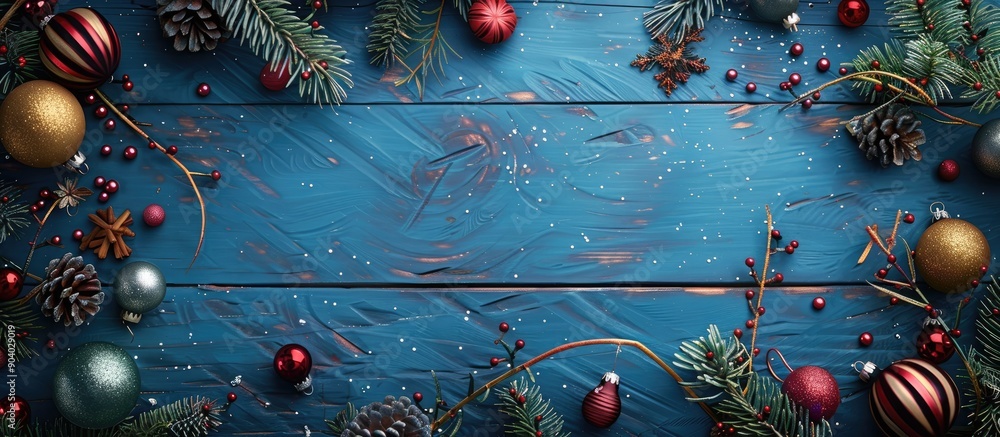 Poster blue wooden table adorned with baubles and fir tree cutters providing a copy space image