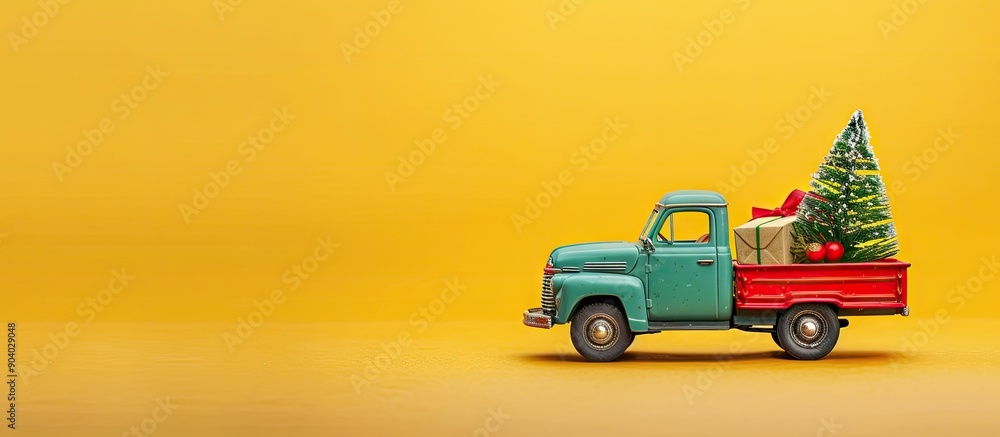 Poster a small toy truck with a christmas tree in the back set on a yellow background for christmas and new