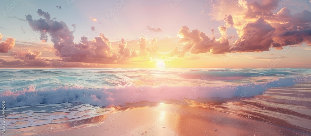 Poster sunset at the beach with a cloudy sky and a bright sky perfect for a copy space image