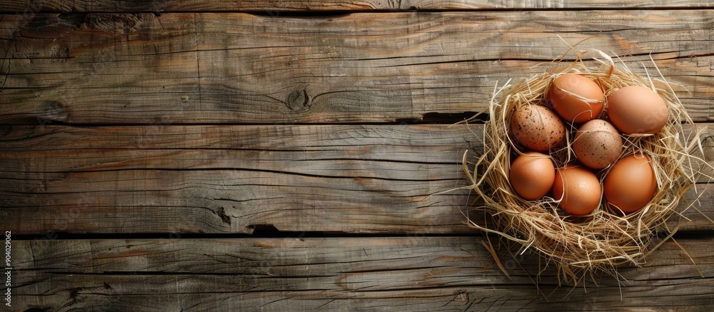 Poster Wooden background with straw nests and a copy space image of eggs