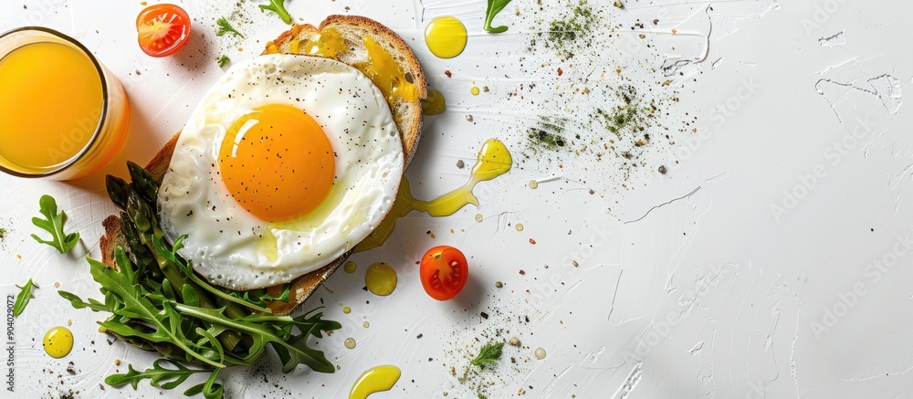 Poster a sunny side up egg on toast with cheese asparagus rocket tomato and orange juice on a rustic white 