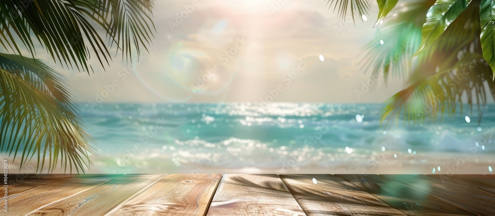 Poster Sandy beach setting with palm leaves and sparkling ocean sunlight in abstract seascape featuring a tranquil table with ample copy space image included