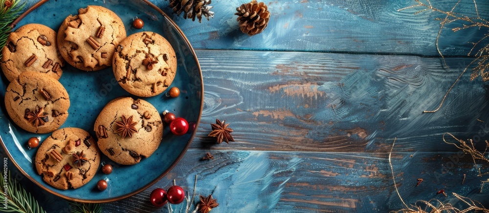 Aufkleber Holiday cookies displayed on a rustic blue table with ample copy space image