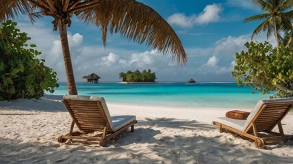 A tranquil tropical beach scene featuring two lounge chairs facing a serene turquoise ocean, surrounded by palm trees and lush greenery.