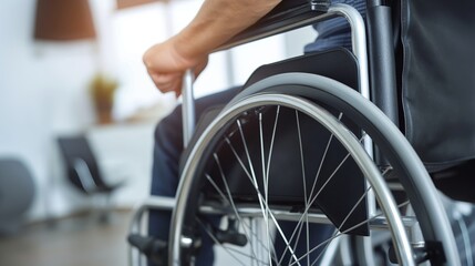 Fototapeta premium Close-up of a person in a wheelchair, focusing on the wheel and handle, set in a modern indoor environment