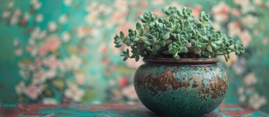 Succulent plant in a brown ceramic pot known as Crassula arborescens silver jade dollar beestebul or Chinese jade money tree is set against a floral background with copy space image in a home garden