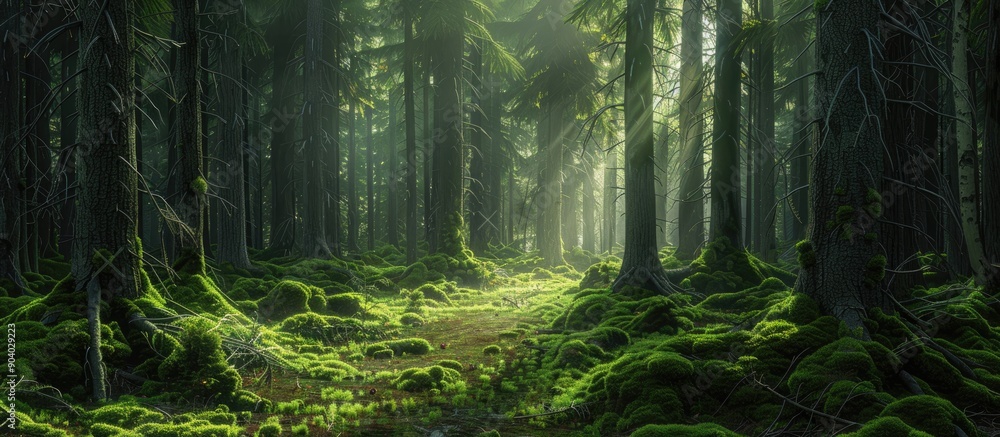 Aufkleber Sunlight filters through a lush magical forest of conifer trees with vivid green moss adding to the enchanting scenery ideal for a copy space image