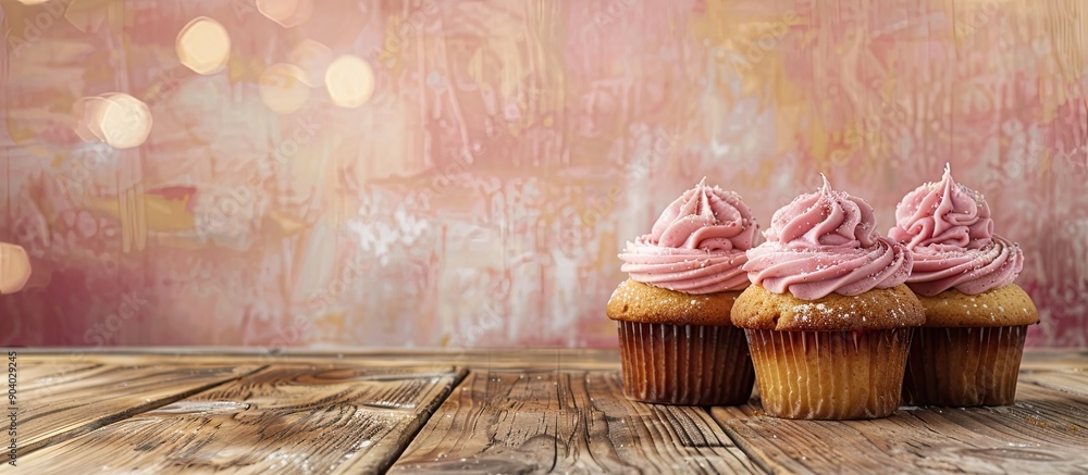 Poster Cupcakes made at home displayed on a wooden table with a backdrop of clear space for other elements like text or graphics in the image. . image with copy space