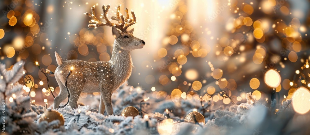 Aufkleber silvery deer and lights backdrop in a christmas composition with copy space image