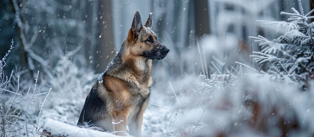 Aufkleber a german shepherd dog is pictured in a snowy forest creating a tranquil and peaceful copy space imag