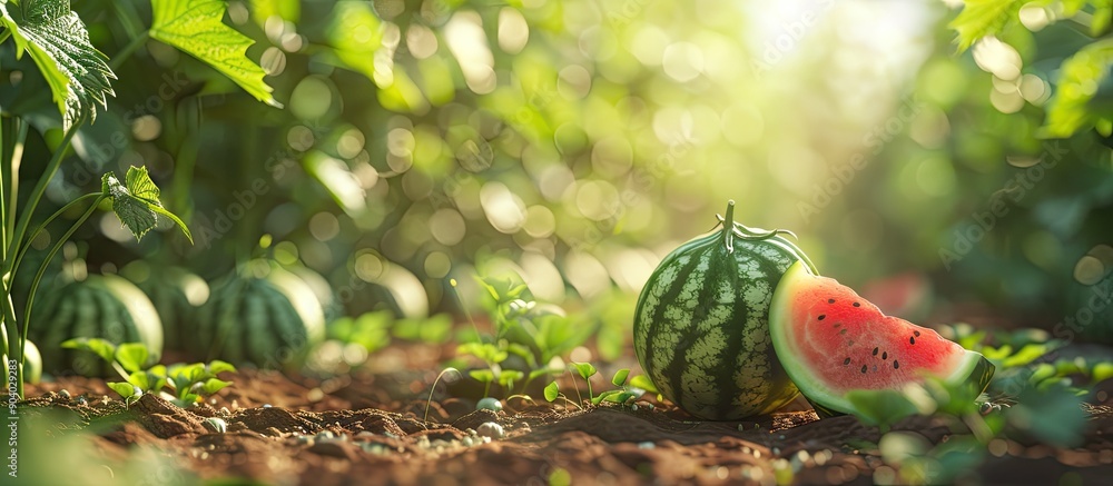 Poster watermelon growing on the vine in a garden with copy space image