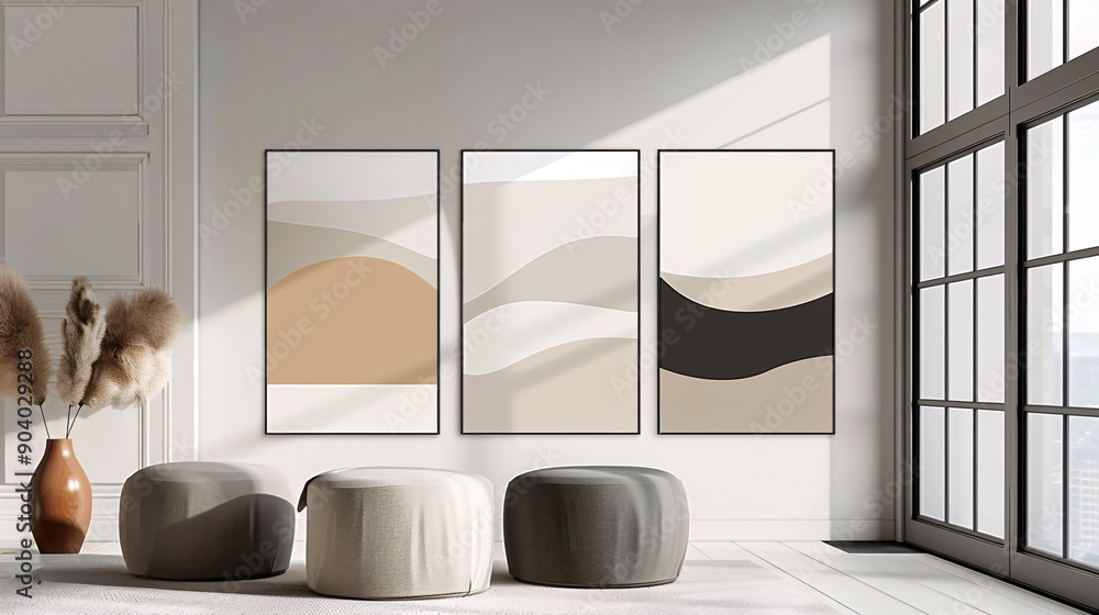 Poster A set of three minimalistic abstract posters featuring a continuous image across a pristine white background, creating a harmonious wall art display