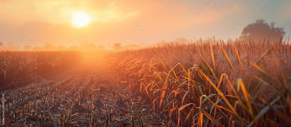 Poster harvested sugarcane fields under the sunrise are clearly visible in the copy space image