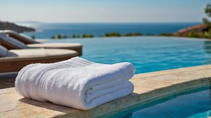 A pristine white towel rests by a serene infinity pool, overlooking a breathtaking ocean view on a sunny day.