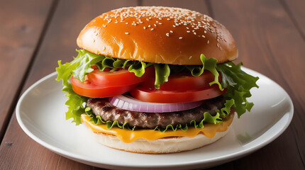 A mouthwatering and realistic burger featuring a juicy patty fresh vegetables orange background white plate
