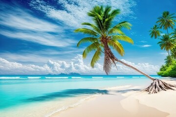 Fototapeta premium Lush palm tree on idyllic tropical beach with blue sky and white sand.