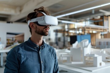 A man, equipped with a virtual reality headset, explores architectural designs in a studio filled with scale models, showcasing the integration of VR in architecture.