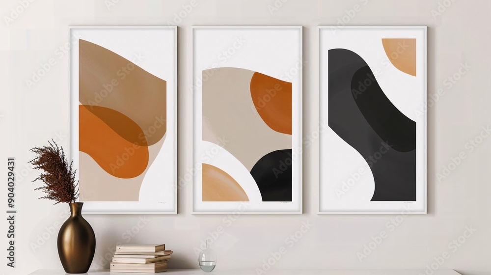 Poster a set of three interconnected abstract posters with a continuous minimalistic image, displayed on a 