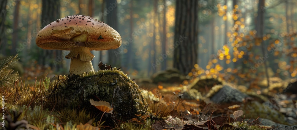 Aufkleber autumnal pine forest setting showcasing a chestnut colored cap mushroom the bay bolete or imleria ba