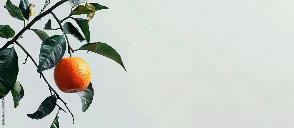 Poster Orange fruit hangs on a tree branch with green leaves against a white backdrop displaying empty space for text or images. . image with copy space