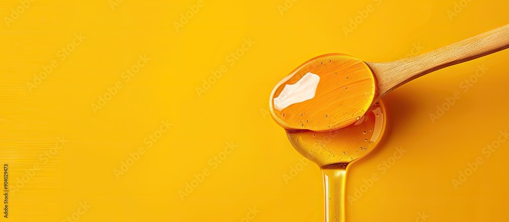 Poster thick honey dripping from a wooden honey spoon on a yellow background representing a healthy food co