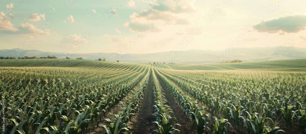 Poster an expansive agricultural landscape featuring rows of corn plants on a large scale with a vast area 