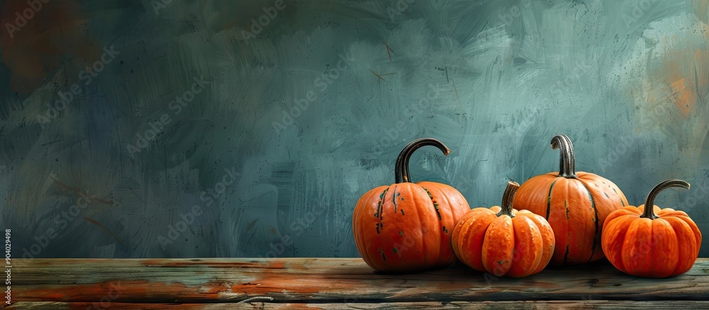 Poster fall theme pumpkins on retro wooden backdrop with copy space image