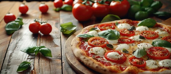 Delicious caprese pizza with fresh mozzarella and juicy tomatoes on a wooden table with a copy space image