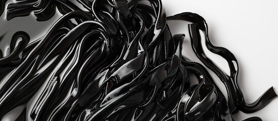 Black spaghetti pasta with squid ink or cuttlefish flavor presented in a way that enhances the overall visual appeal with copy space image included