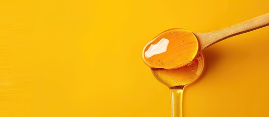 Thick honey dripping from a wooden honey spoon on a yellow background representing a healthy food concept with copy space image