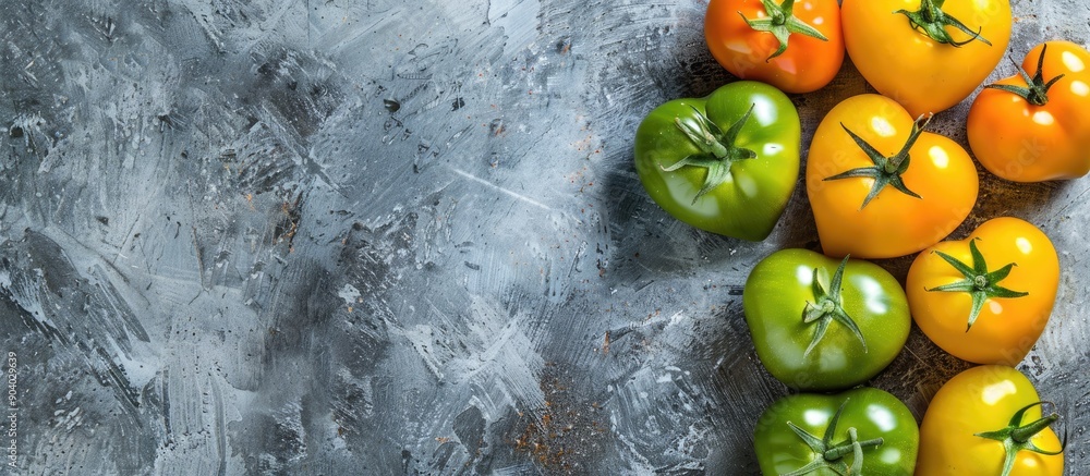 Poster heart shaped green and yellow tomatoes arranged on a grey backdrop with copy space image