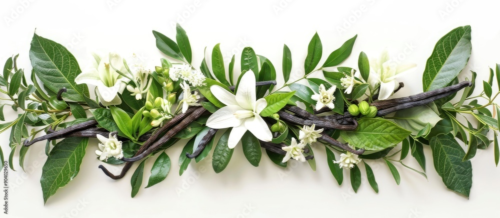 Poster isolated on a white background a serene composition of vanilla pods green foliage and delicate flowe