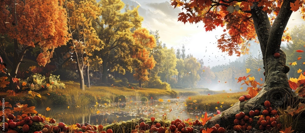 Poster Autumn trees bear fruits like oak chestnut and fir displaying colorful leaves in a picturesque setting with room for a copy space image