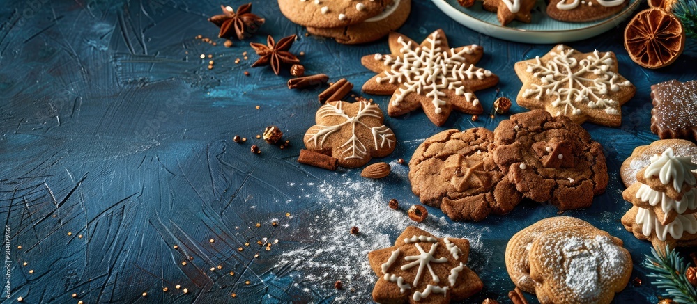 Poster Holiday cookies displayed on a rustic blue table with ample copy space image
