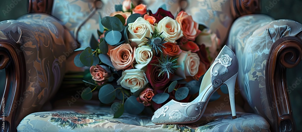 Poster wedding shoes displayed with a bouquet of roses and assorted flowers on an armchair in a copy space 