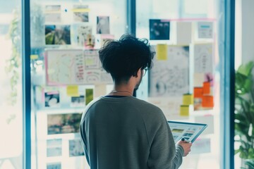 rearview shot of a young designer using a digital tablet while brainstorming with notes on a glass wall in an office