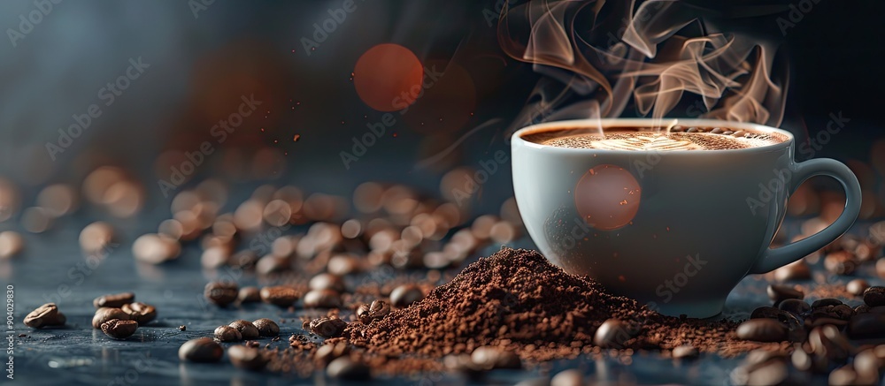 Poster close up of a beautiful coffee cup with a steaming brew of ground coffee ideal for a copy space imag
