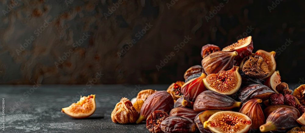 Poster Sweet vegetarian food displayed in a pile of dehydrated figs creating an appetizing presentation with copy space image