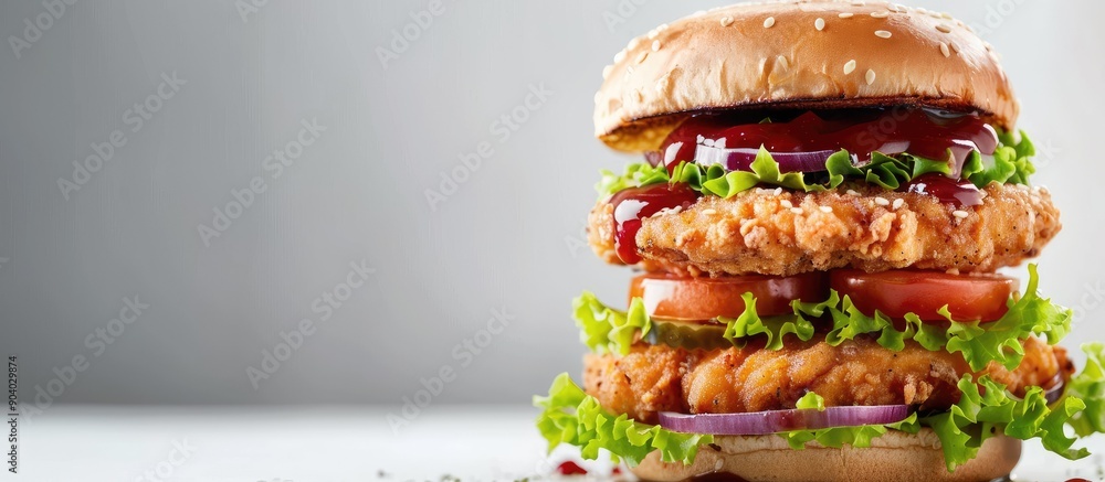 Poster tasty double chicken burger with salad sauce and a white background for copy space image