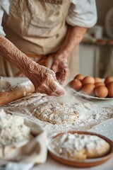 Fototapeta premium Elderly hands kneading bread dough in kitchen, surrounded by ingredients like flour and eggs for a homemade baking session.