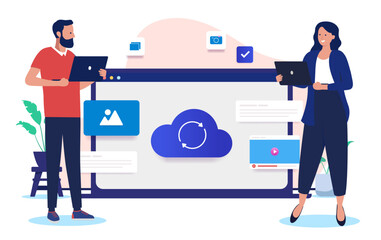 Cloud work - People working on computer online in the digital cloud together. Cooperating and efficient online teamwork concept in flat design vector illustration on white background